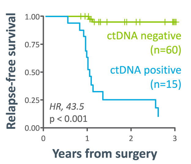 Colon relapse-free survival Kaplan–Meier curve showing ctDNA positive vs. negative groups